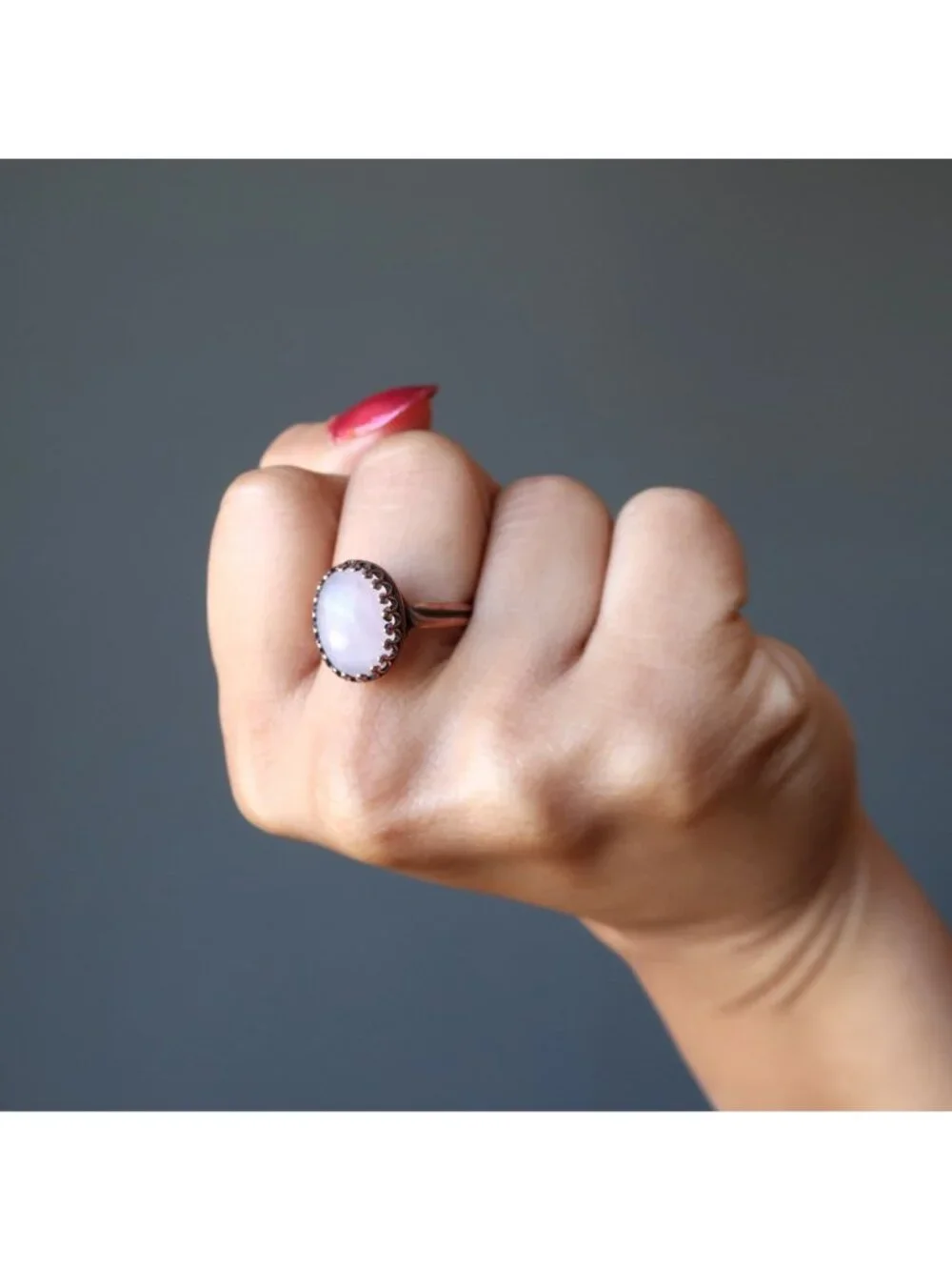 Rose Quartz Ring Miracle Pink Oval Gem Antiqued Copper Adjustable Size 5 to 8 Ri